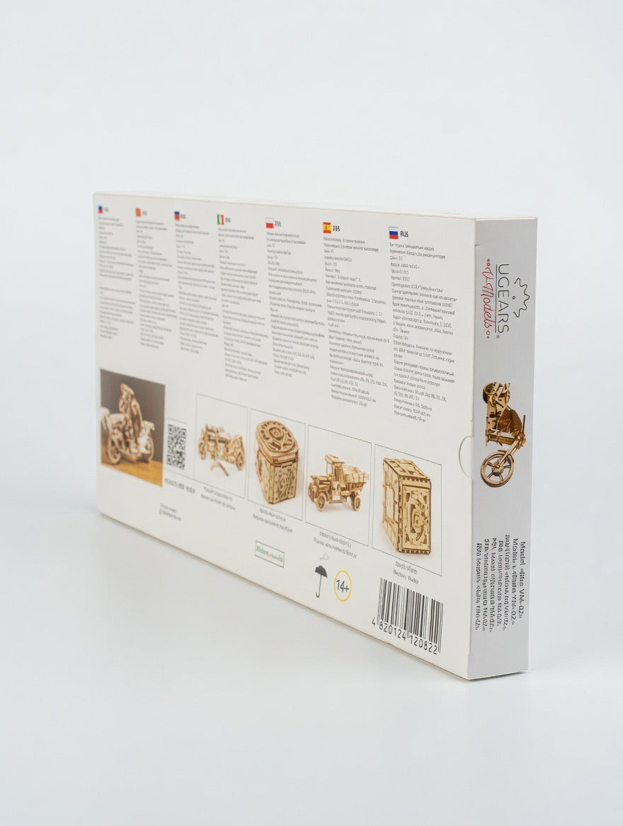 ImagineHaul UGEARS Bike VM-02 mechanical wooden model kit box, featuring images of assembled wooden models.