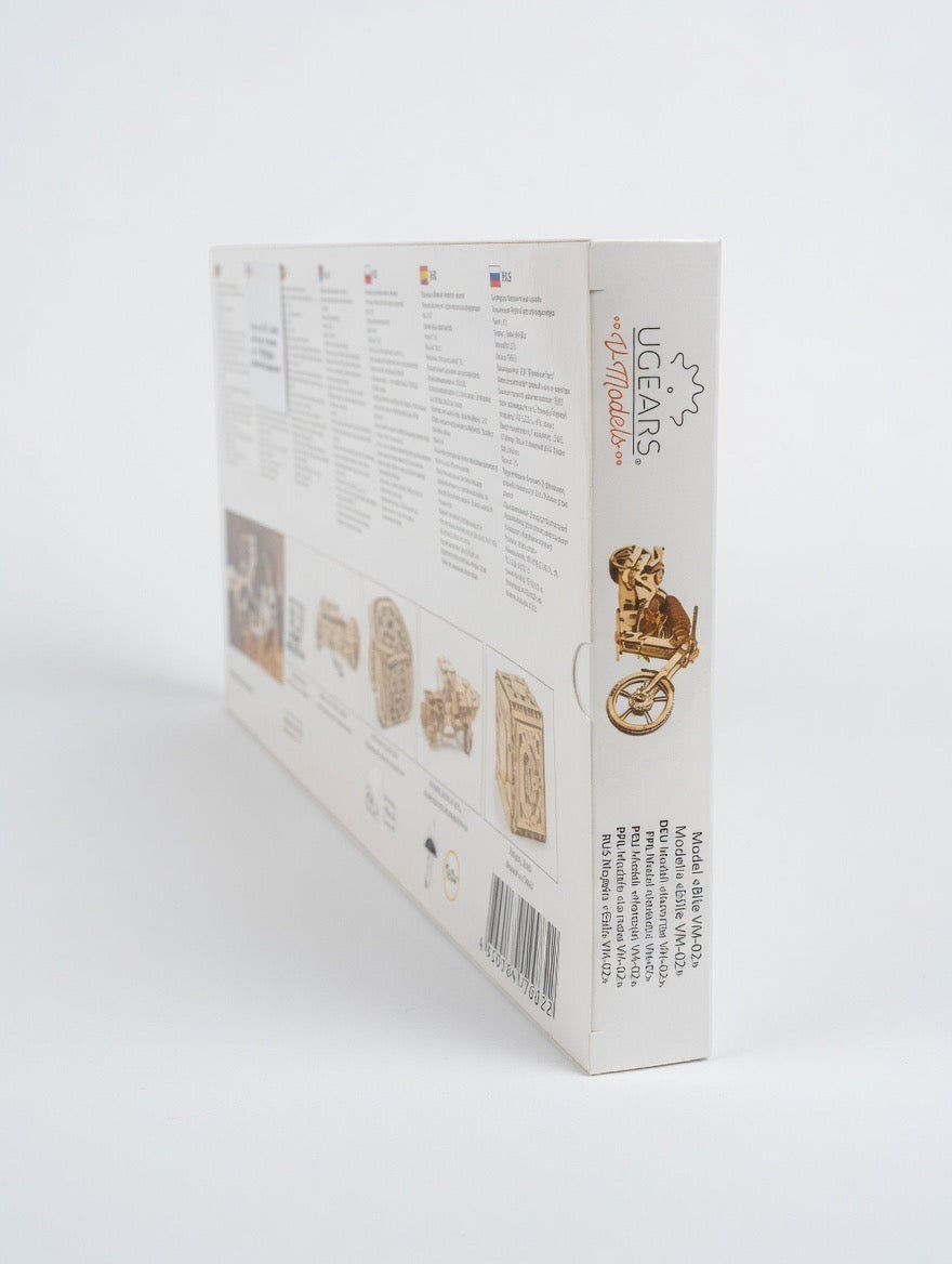 ImagineHaul UGEARS Bike VM-02 mechanical wooden model kit box, featuring a detailed illustration of the assembled motorcycle.