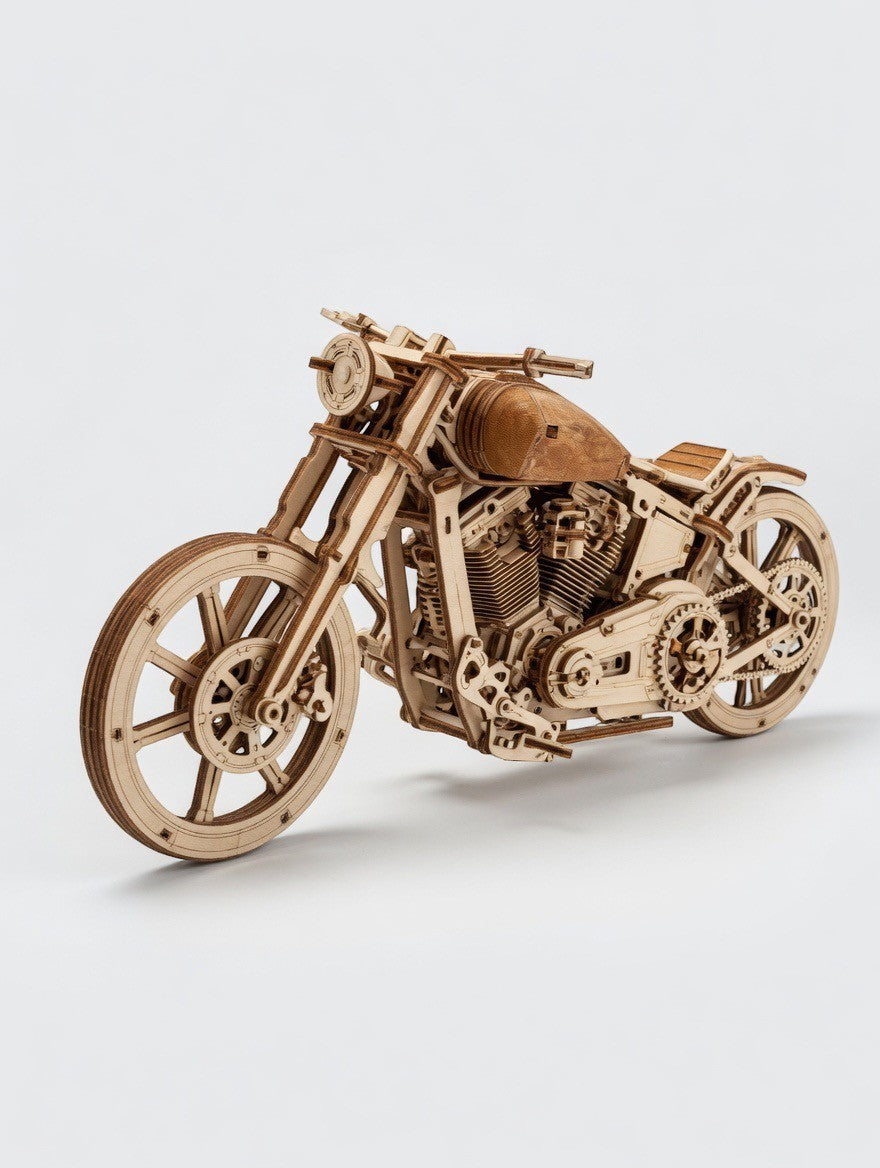 ImagineHaul UGEARS Bike VM-02 mechanical wooden model kit, a self-propelled 3D puzzle motorcycle made of birch plywood.