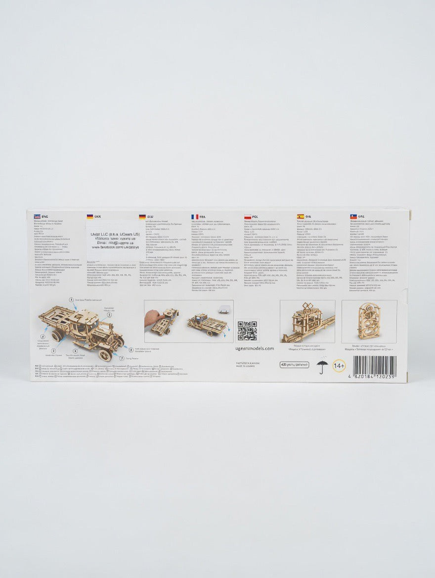 ImagineHaul UGEARS Truck UGM-11 mechanical wooden model kit, 420 birch plywood pieces, self-propelled drivetrain, 3-speed gearbox, working steering.