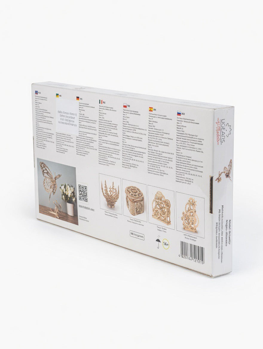 ImagineHaul UGEARS Butterfly mechanical wooden model kit, 168 birch plywood pieces, 3D puzzle display sculpture with moving wings.