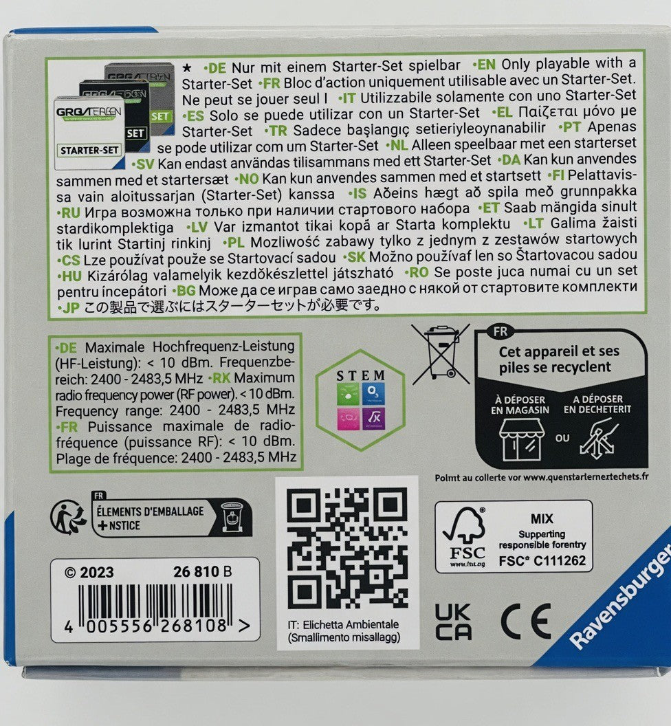 Ravensburger GraviTrax C Power Element Starter & Finish box with multilingual instructions and STEM icons.