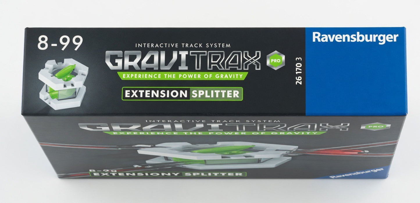 Ravensburger GraviTrax PRO Extension Splitter marble run add-on, white and green plastic construction module.